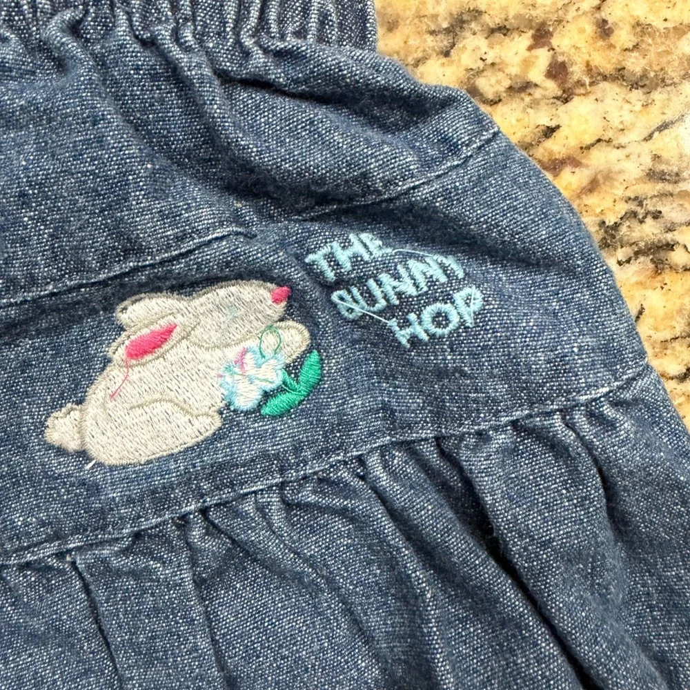 Little Miracles Girls Bunny Hop Denim Overall Bloomers and Pink Top Set 6/9M